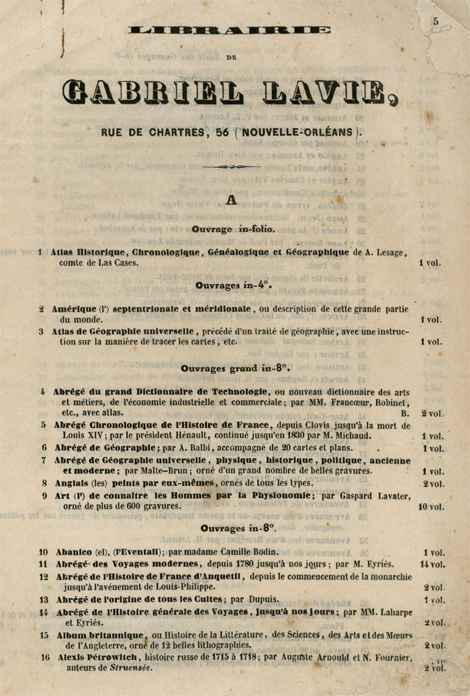 Catalogue de la librairie de Gabriel Lavie. New Orleans: Félix Locquin, 1842.