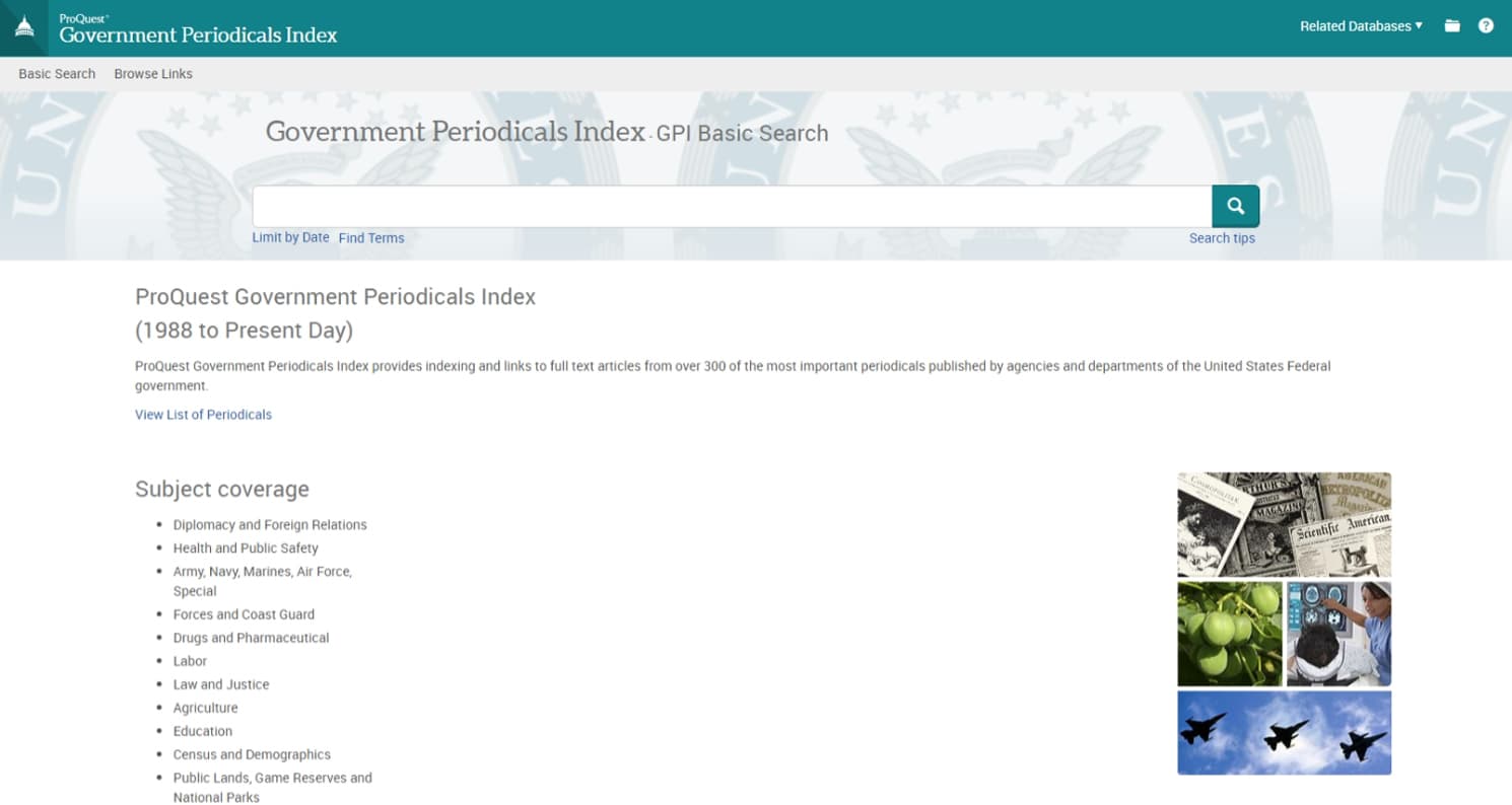 Screenshot of Proquest Government Periodicals Index