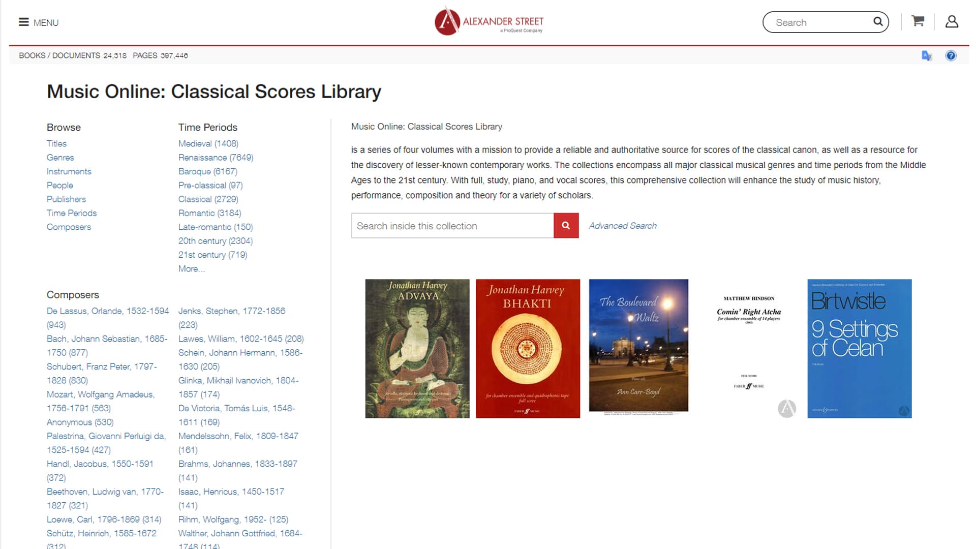 Screenshot of the Music Online: Classical Scores Library homepage