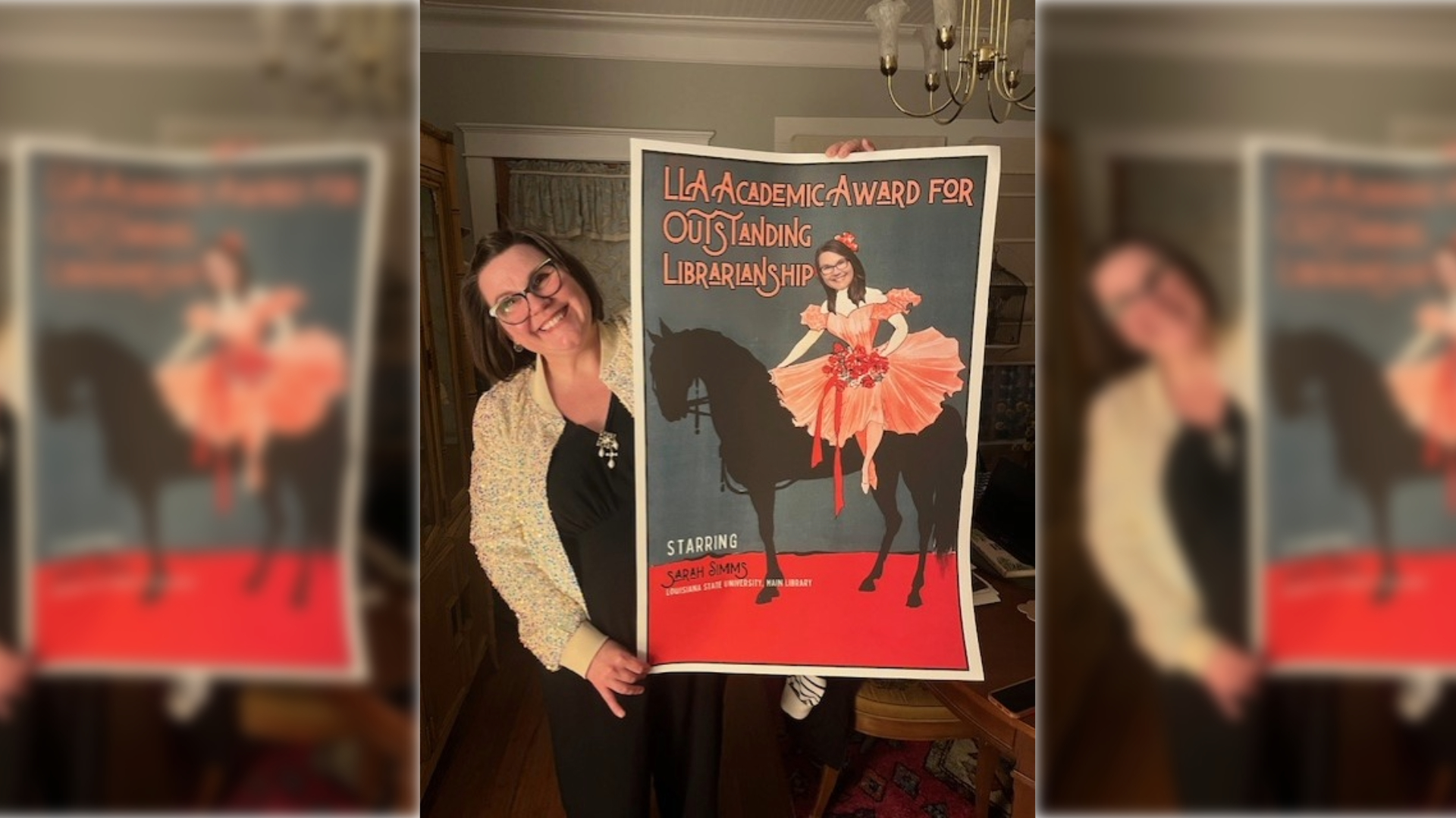 Sarah Simms holds up a poster that reads LLA Academic Award for Outstanding Librarianship