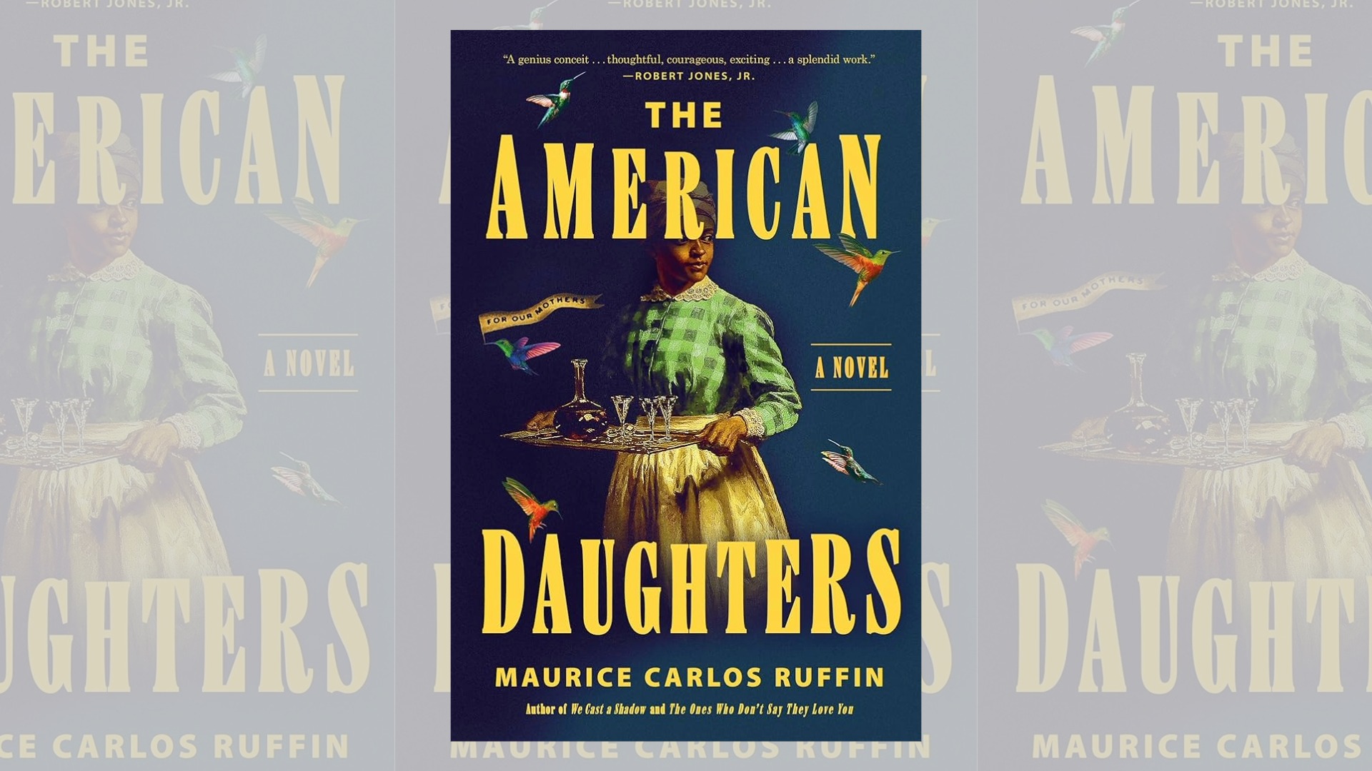 cover of American Daughters, a novel. A book cover of a person holding a tray.