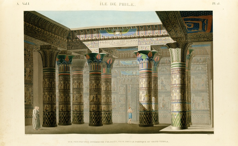 llustration of “Ile de Philae” [Colored interior perspective view under the portico of the great temple of Isis.] 